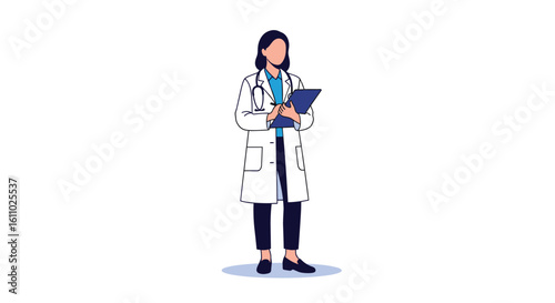 A professional female doctor standing confidently holding a medical record and wearing a white lab coat stethoscope and dark pants