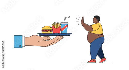 Overweight person declines unhealthy food offering promoting healthy lifestyle choices for better well being