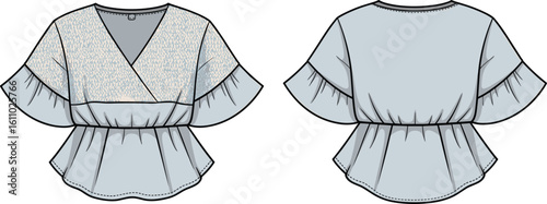 Cad drawing flat vector illustration of women’s blouse, ruffle sleeves, textured fabric bodice, peplum waist, V-neck, casual style, loose fit, fashion design, garment technical drawing.