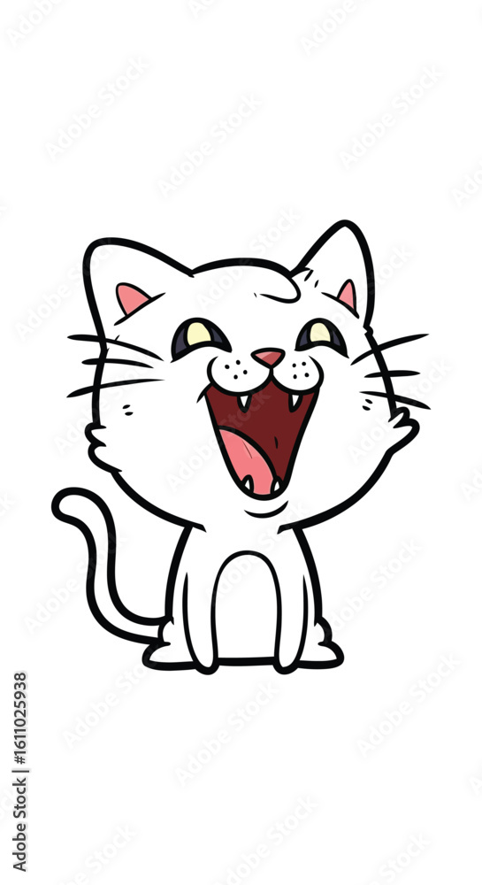 Obraz premium Cartoon white cat with a wide open mouth and joyful expression, laughing with happiness.