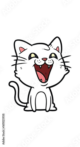 Cartoon white cat with a wide open mouth and joyful expression, laughing with happiness.
