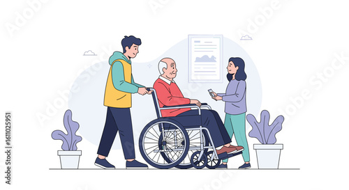Elderly caregivers assisting a senior person in a wheelchair with support and compassion