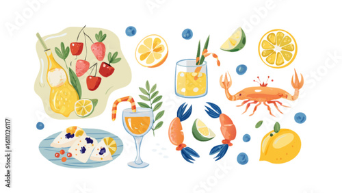 Watercolor summer seafood cocktail party illustration with lemon shrimp and desserts