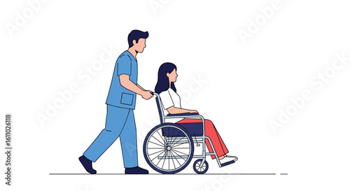 Skilled caregiver assisting patient with mobility challenges in a wheelchair moving through a healthcare facility environment