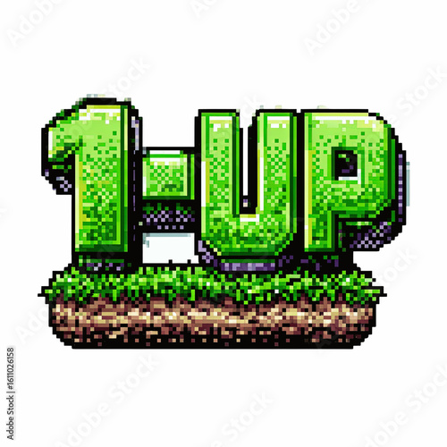 Pixel Art 1UP Retro Gaming Power-Up on Grassy