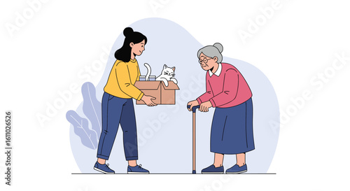 Young woman helps elderly woman with a box of kittens showing kindness and compassion for animals and people