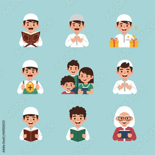 Illustration depicting diverse Muslim individuals in various poses and activities, celebrating faith.