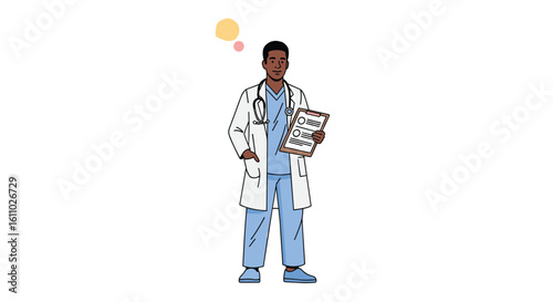 A thoughtful doctor in a white coat and blue scrubs stands holding a chart with a stethoscope around his neck