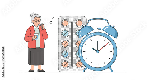 Elderly person taking medication on time with alarm clock reminder for healthcare and wellness awareness