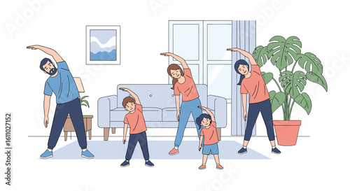 Family fitness fun at home doing side stretches together inspiring healthy lifestyle choices for everyone