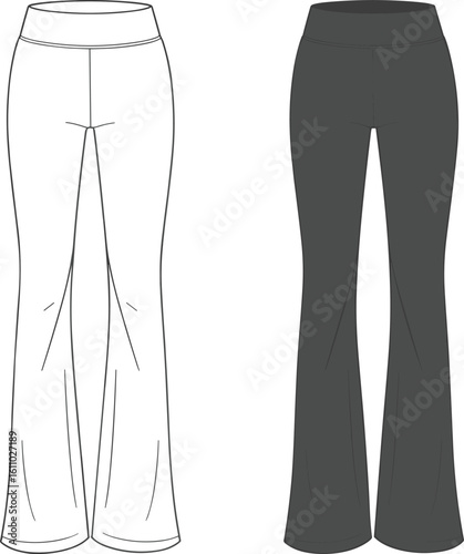 CAD drawing flat vector illustration of women’s bootcut yoga pants in front view, stylish activewear fashion sketch for fitness, loungewear, casual wear template