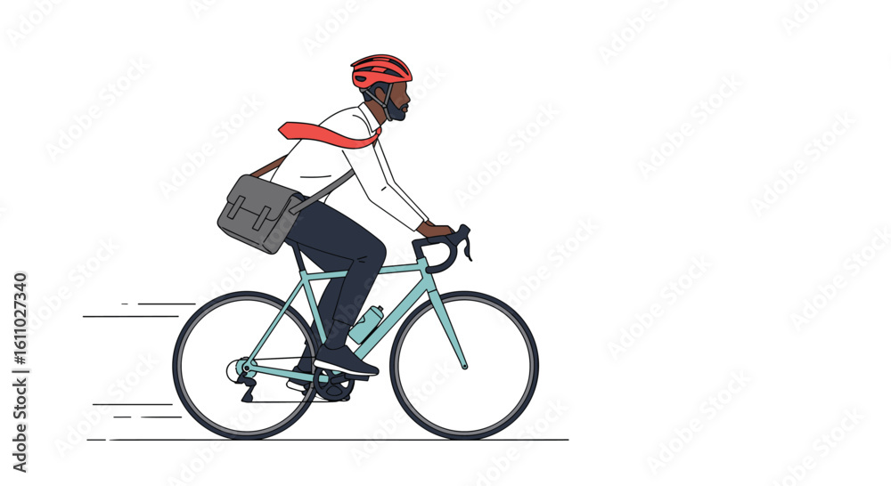 Fototapeta premium A man in a helmet and business attire cycles efficiently on a light blue road bike with a satchel bag over his shoulder