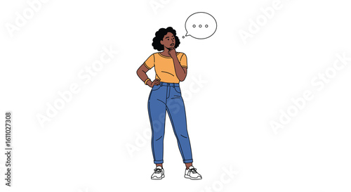 A young woman pondering a difficult question while standing with one hand on her hip and the other touching her chin thoughtfully considering her options