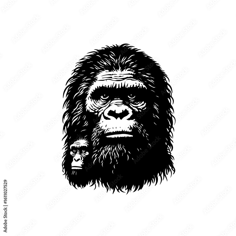 Fototapeta premium A hairy ape face with a smaller ape face