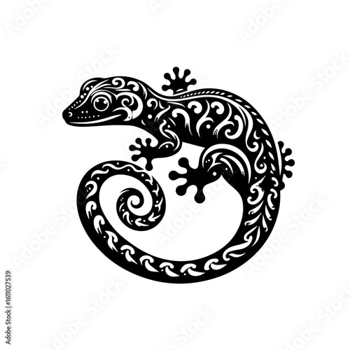 Ornate black gecko with tribal patterns