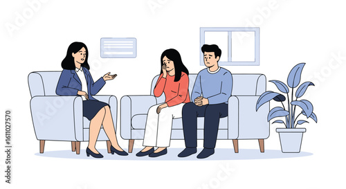 Couple in therapy session seeking professional help to overcome relationship challenges and improve their communication and emotional well-being together