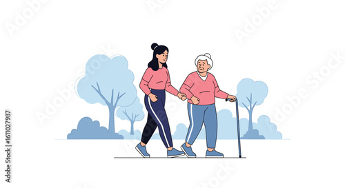 Elderly person with a caregiver enjoying a walk in the park on a sunny day with trees in the background