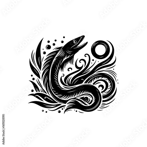 A fierce eel swims through swirling dark waters