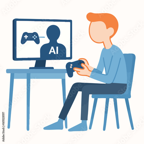 Modern Cartoon Boy Playing Video Game Against Artificial Intelligence Illustration