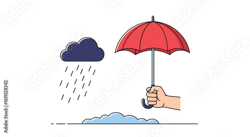 Protecting yourself from the heavy rain shower with a bright red umbrella held by a hand keeping dry from precipitation