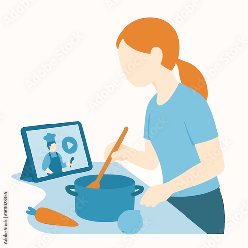 Modern Flat Illustration of Woman Cooking with Online Recipe on Tablet