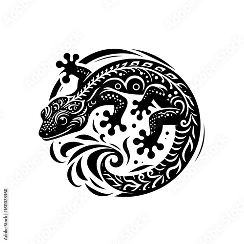 Ornate gecko illustration in a circular design