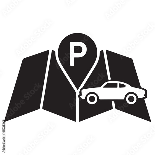 A parking location icon with a car on a map in black and white