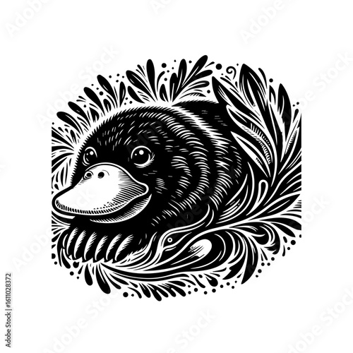 A platypus illustration with ornate foliage
