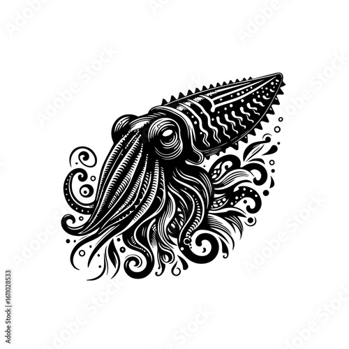 Stylized squid illustration with swirling tentacles