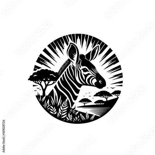 Zebra in savanna with sun rays and trees