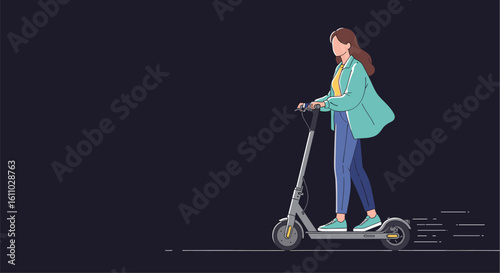 A young woman rides an electric scooter on a dark background with a motion blur effect showing her progress