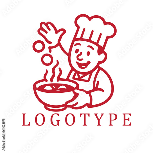 Playful monochrome logo of a round-faced cartoon chef tossing bakso meatballs into a soup bowl, captured in motion with thick outlines and lively charm.