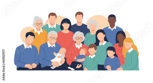 A diverse group of people of all ages and backgrounds posed together as a family portrait illustration