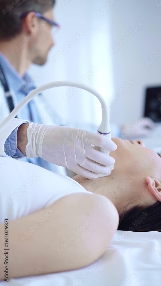 Obraz premium Doctor man wearing white protective gloves is using ultrasound machine to examine neck of female patient in hospital. Medicine, thyroid gland health