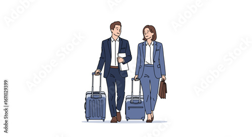 Two business professionals walking with luggage suitcases traveling for work meeting conference business trip destination airport