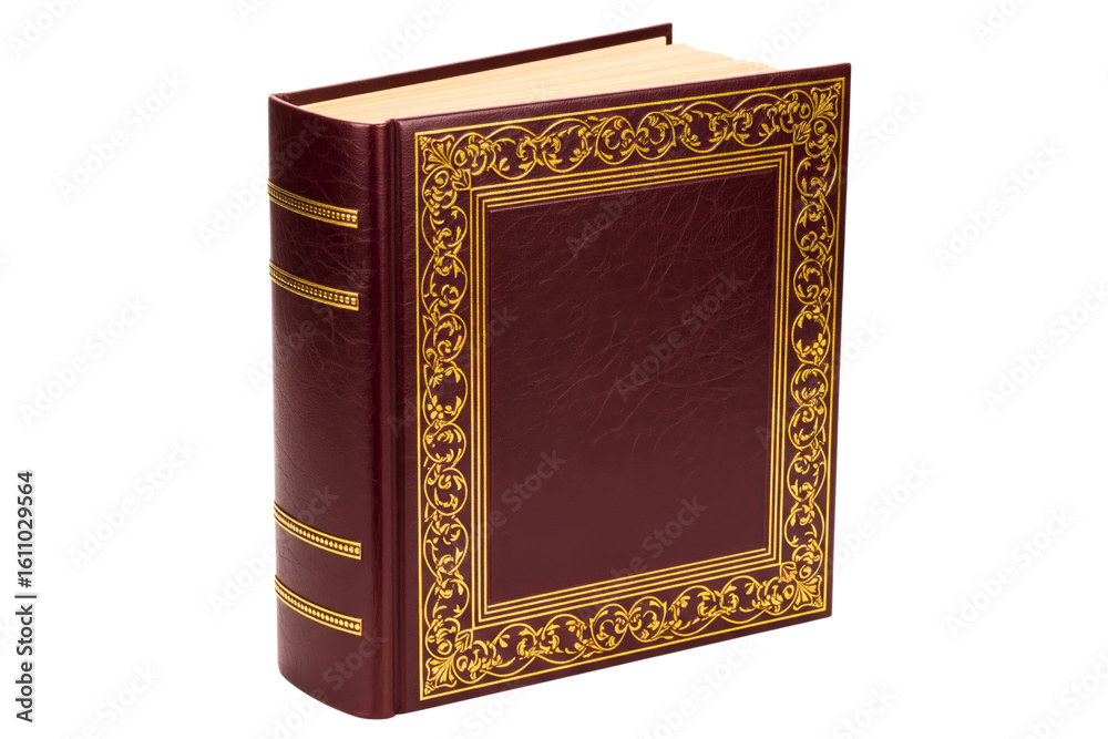 Fototapeta premium Vintage leather-bound book with an ornate gold frame design isolated on a transparent background