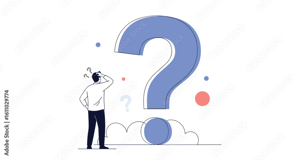 An individual standing next to a large blue question mark contemplates a difficult problem or seeks an answer An individual standing next to a large blue question mark contemplates a difficult problem or seeks an answer