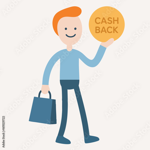 Flat Cartoon Style Character Holding Cashback Coin and Shopping Bag Illustration