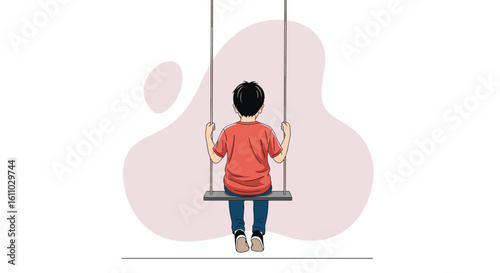 A young child sits alone on a swing set enjoying a quiet moment of solitary play outdoors on a bright sunny day