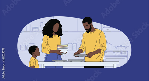 Family members working together in the kitchen preparing food for a meal