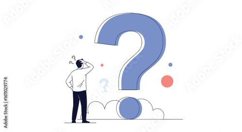 An individual standing next to a large blue question mark contemplates a difficult problem or seeks an answer