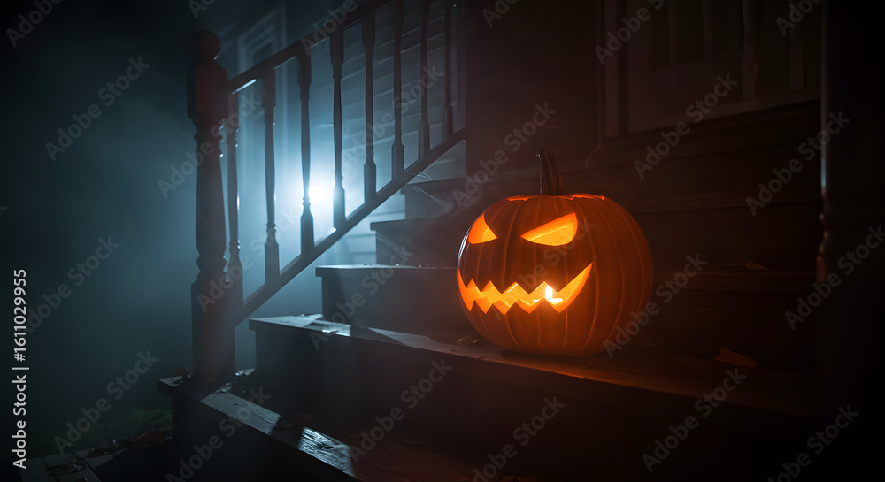 Obraz premium Glowing jack-o'-lantern sits on a wooden staircase in a dimly lit, spooky interior setting, casting eerie shadows.