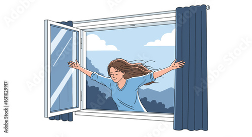 Young woman joyfully opens window embracing new day with arms wide open and wind blowing her hair through the opening