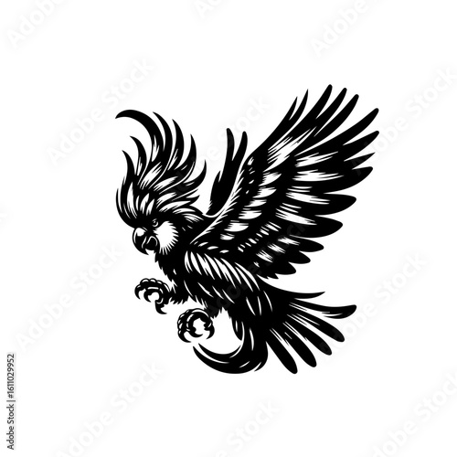 A black cockatoo in flight with wings spread