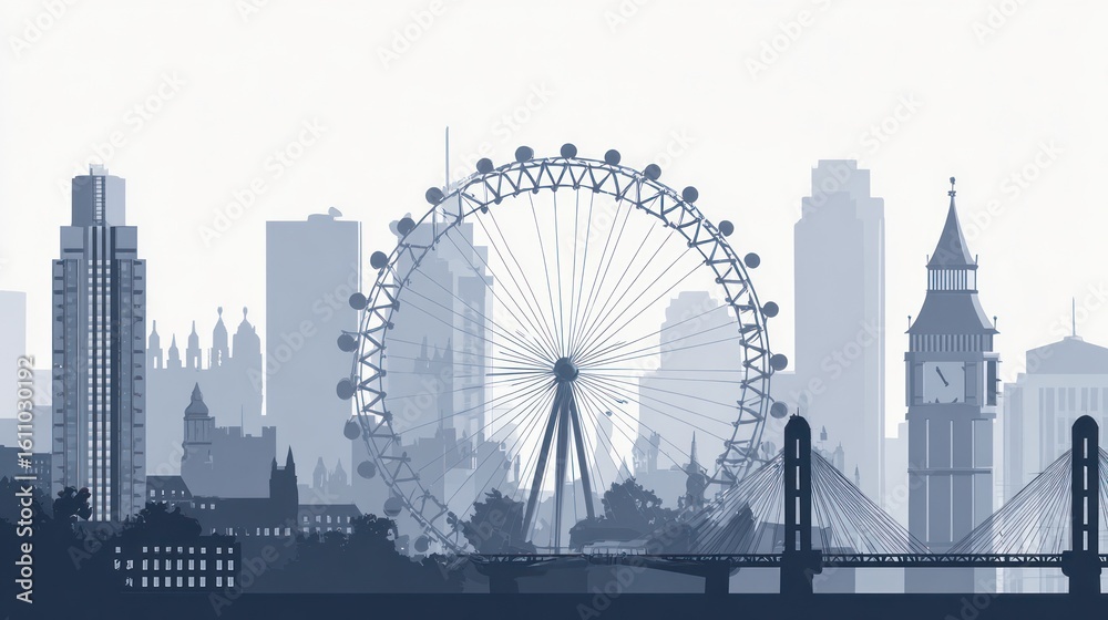 Fototapeta premium A stylized grayscale cityscape, featuring a prominent Ferris wheel, iconic clock tower, and various buildings, depicted in a hazy, atmospheric perspective