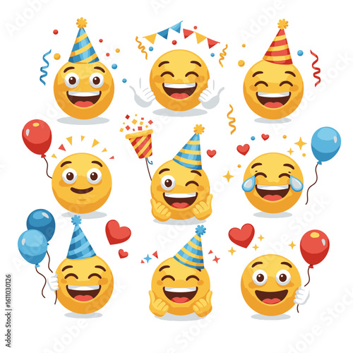 Party emojis of various expressions hats balloons confetti ribbons stars hearts