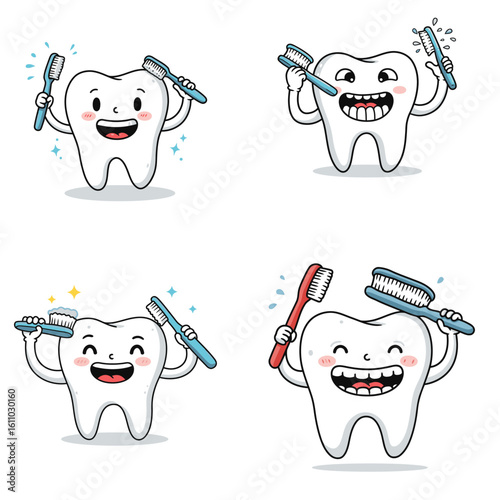 Four cartoon teeth characters holding toothbrushes