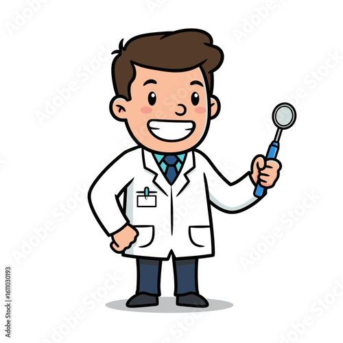 Cartoon dentist in a white coat holding a dental mirror smiling