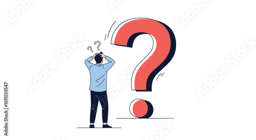 Confused man standing next to a giant question mark demonstrating uncertainty and seeking answers to complex problems