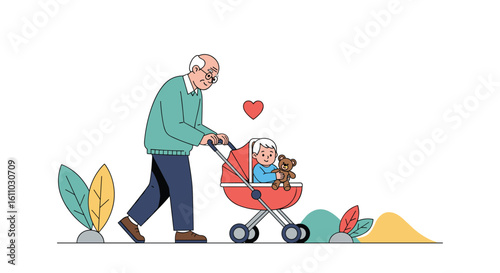 A kind grandfather pushing a baby in a stroller through a park with colorful plants and hills enjoying a beautiful day together